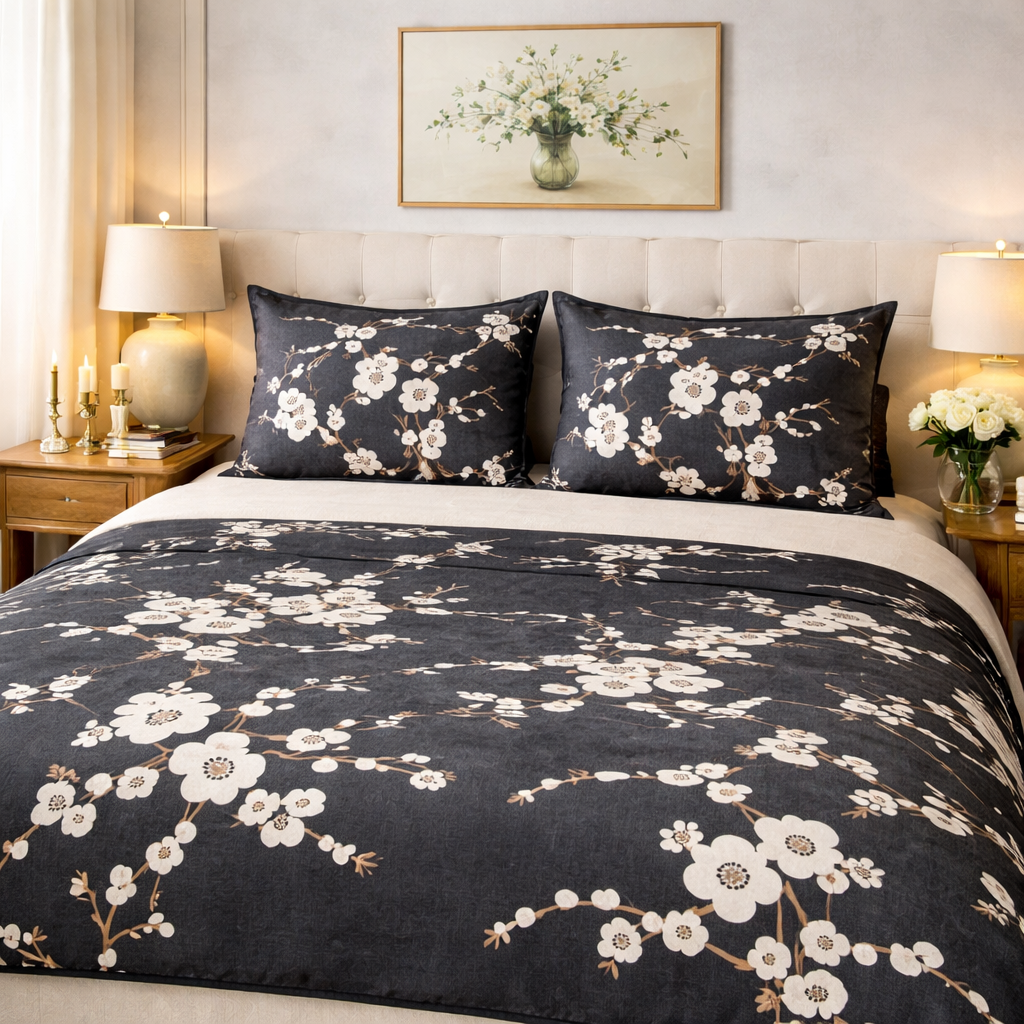 Aashray Decor Pure Cotton King Size Bedsheet Set – Elegant Navy Floral Jaipuri Print (JP27)