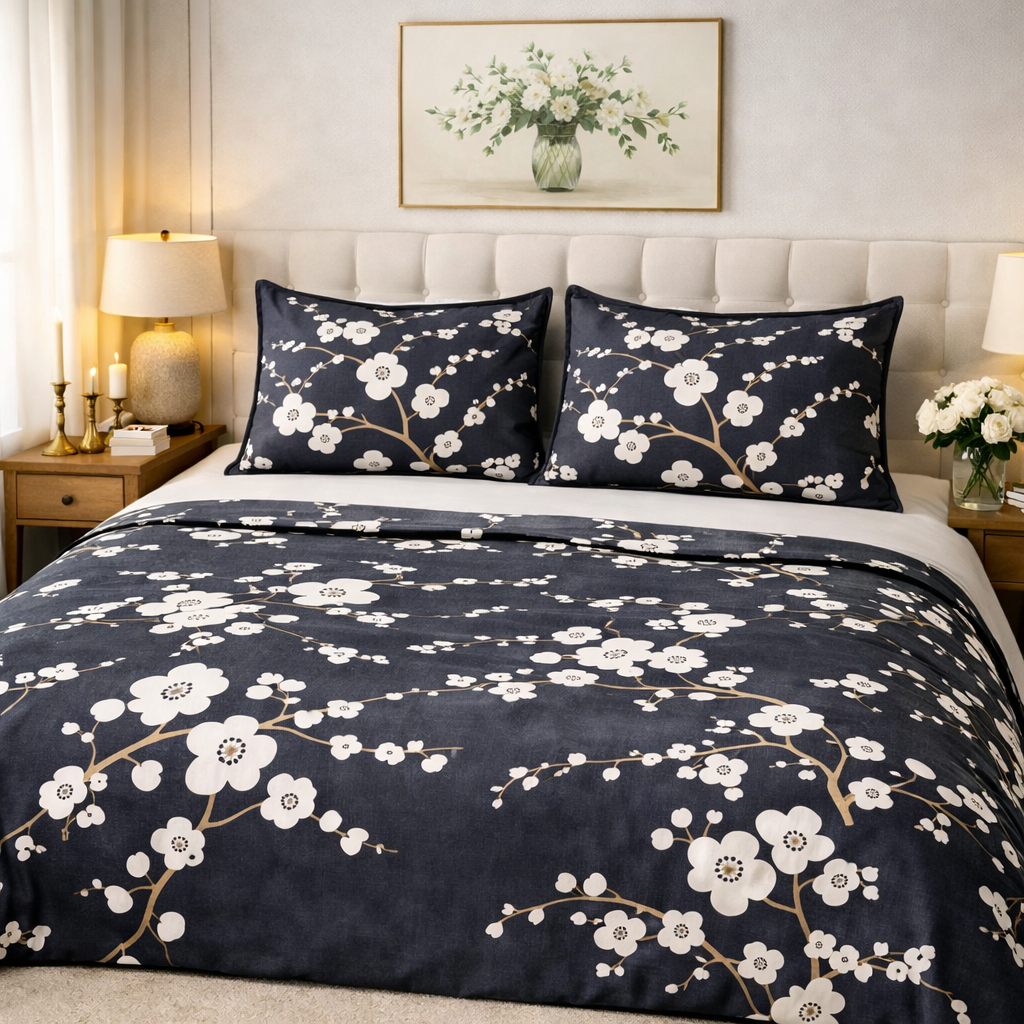 Aashray Decor Pure Cotton King Size Bedsheet Set – Elegant Navy Floral Jaipuri Print (JP27)