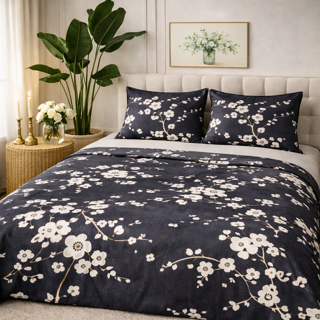 Aashray Decor Pure Cotton King Size Bedsheet Set – Elegant Navy Floral Jaipuri Print (JP27)