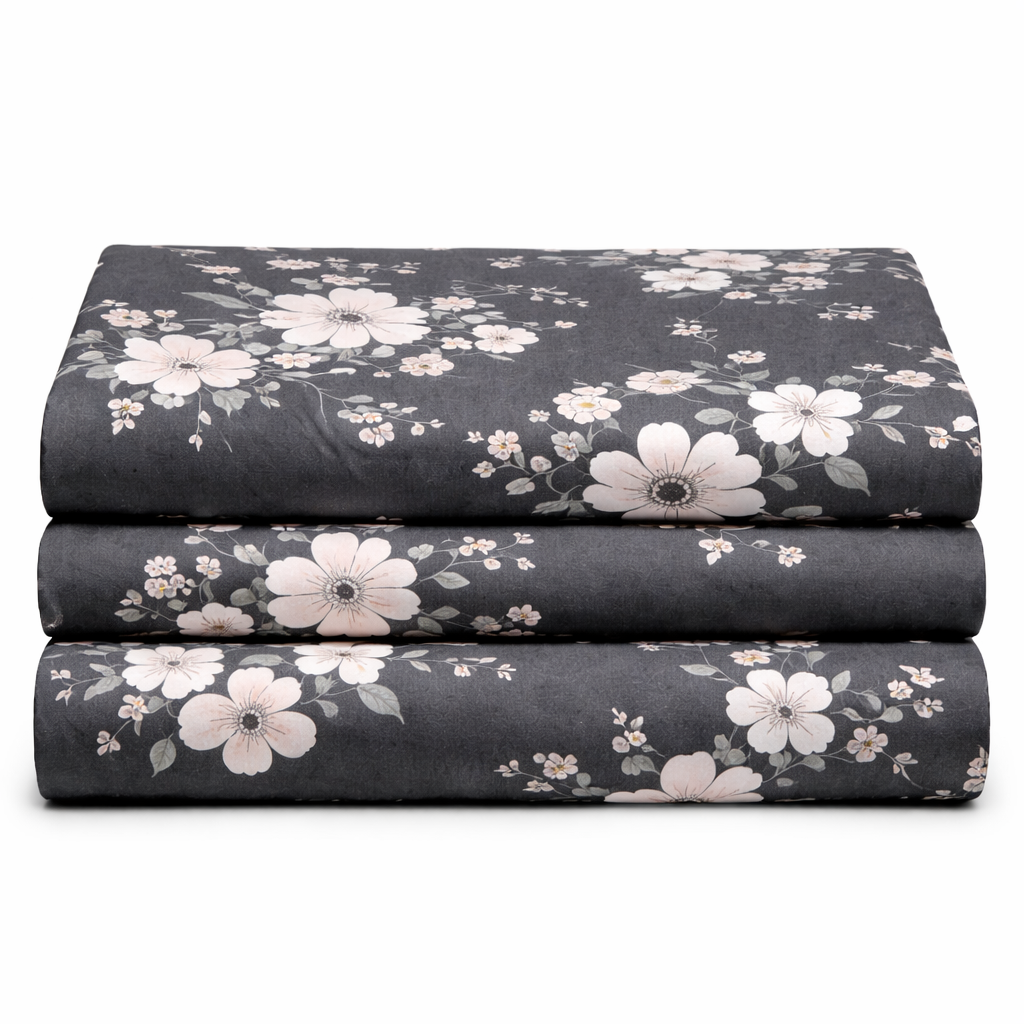 Aashray Decor Pure Cotton King Size Bedsheet Set – Elegant Grey Floral Jaipuri Print (JP28)