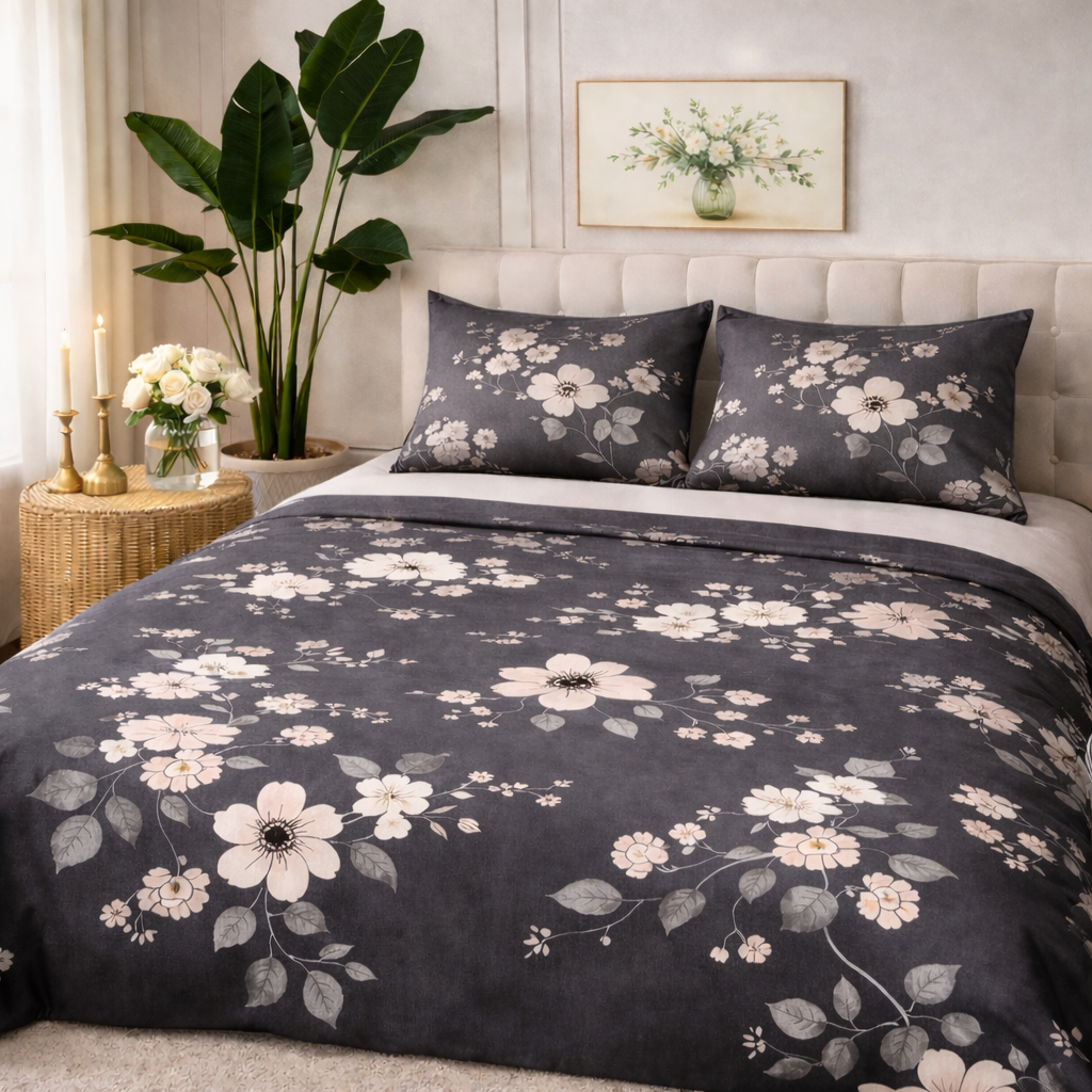 Aashray Decor Pure Cotton King Size Bedsheet Set – Elegant Grey Floral Jaipuri Print (JP28)