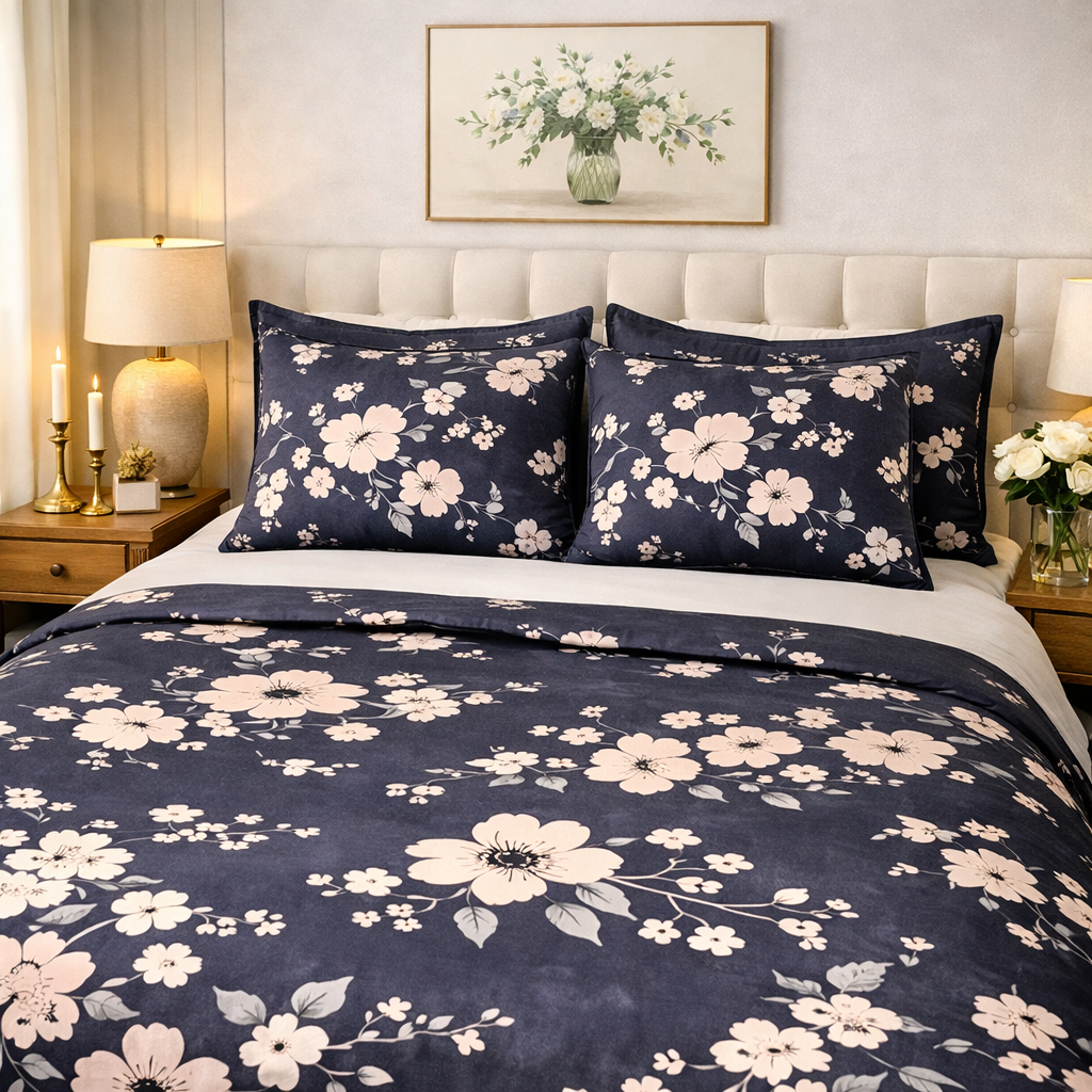 Aashray Decor Pure Cotton King Size Bedsheet Set – Elegant Grey Floral Jaipuri Print (JP28)