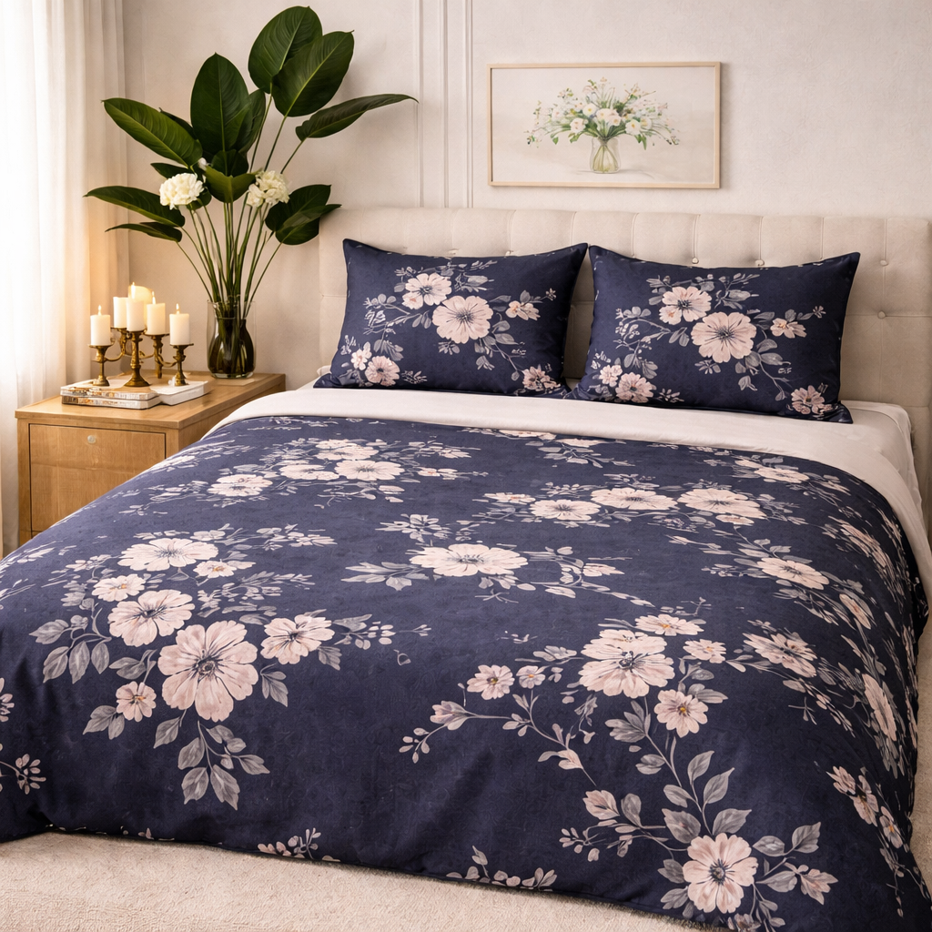 Aashray Decor Pure Cotton King Size Bedsheet Set – Elegant Grey Floral Jaipuri Print (JP28)