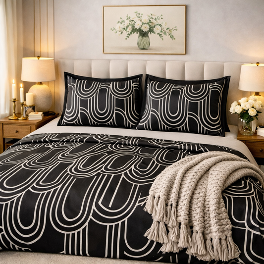 Aashray Decor Pure Cotton King Size Bedsheet Set – Modern Black & White Geometric Print (JP29)