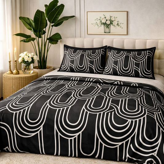 Aashray Decor Pure Cotton King Size Bedsheet Set – Modern Black & White Geometric Print (JP29)