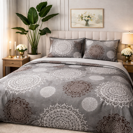 Aashray Decor Pure Cotton King Size Bedsheet Set – Elegant Grey Mandala Jaipuri Print (JP30)