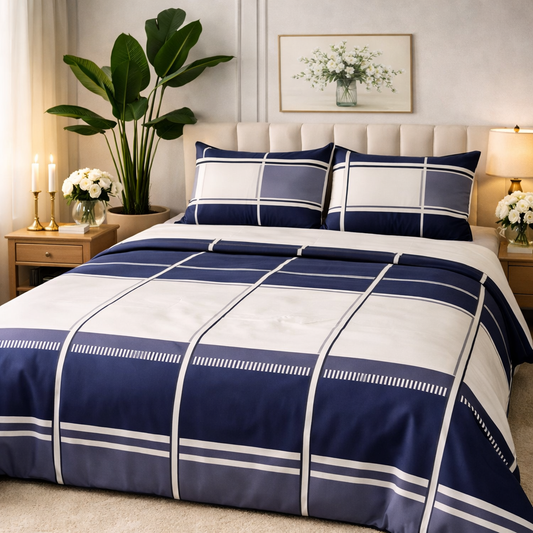 Aashray Decor Pure Cotton King Size Bedsheet Set – Classic Blue Checks (JP31)