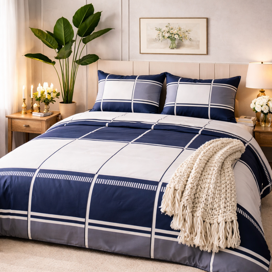 Aashray Decor Pure Cotton King Size Bedsheet Set – Classic Blue Checks (JP31)
