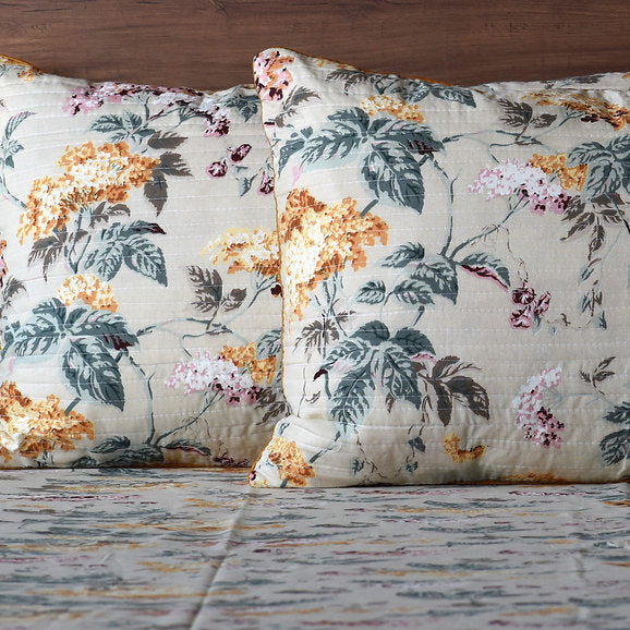 Premium 100% Cotton Flat Bedsheet Set with Floral Print and Quilted Pillow Covers – Light Beige with Yellow Flowers (Size: 275x275 cm) | Code: GGQUIL06