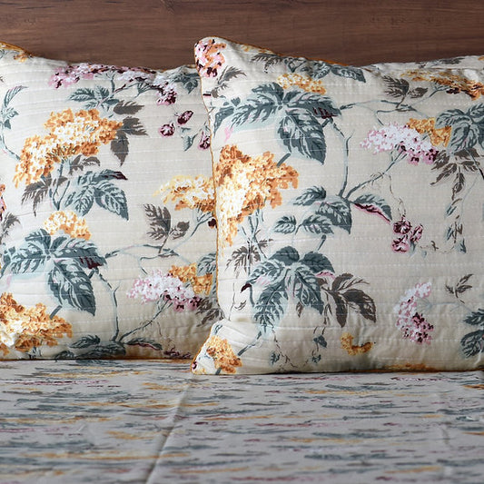 Premium 100% Cotton Flat Bedsheet Set with Floral Print and Quilted Pillow Covers – Light Beige with Yellow Flowers (Size: 275x275 cm) | Code: GGQUIL06